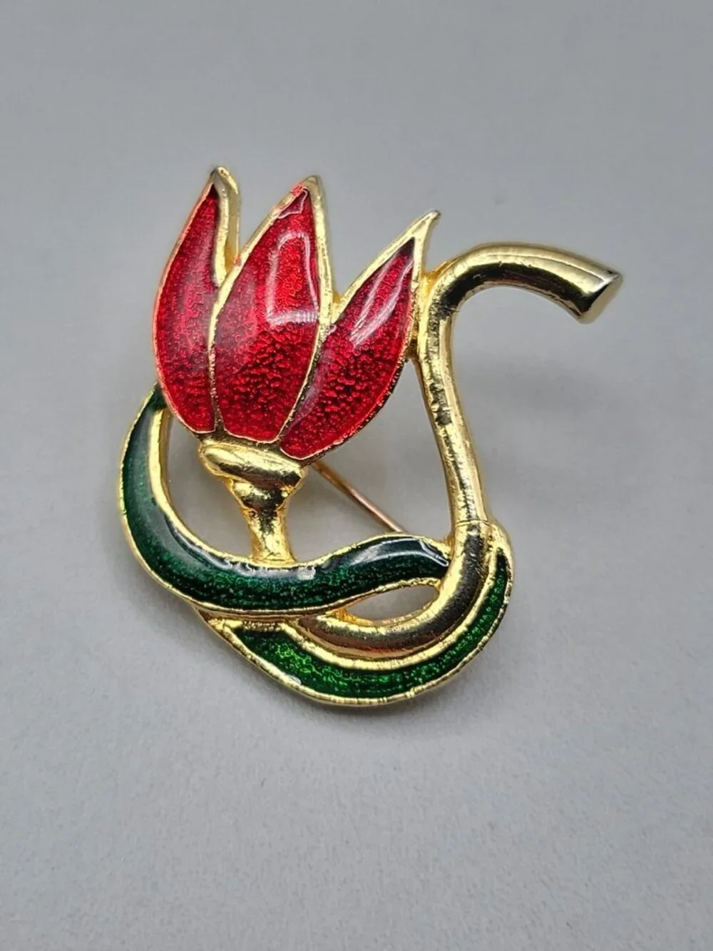 SFJ Swirl Tulip Brooch Enamel Gold Tone Red Petals Green Stem Leaf Vintage
